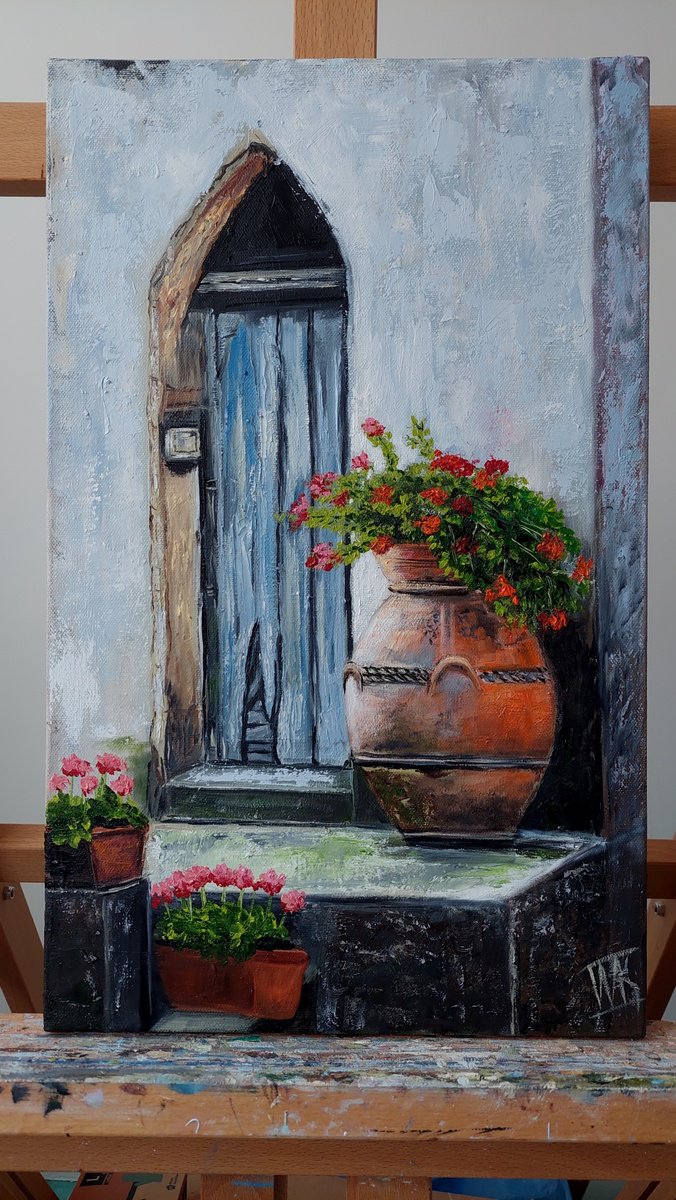 Impressionistic Botanical Oil Painting By Ira Whittaker, 12 X 19, Vase By The Door, Original Artwork