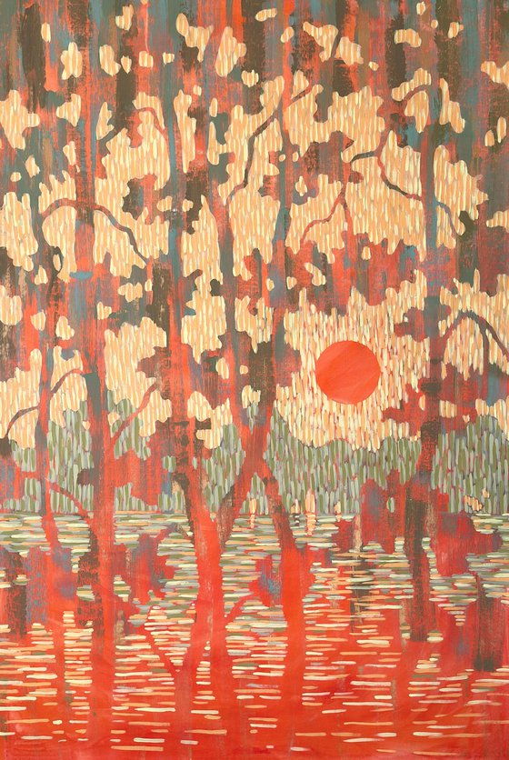 Orange Sunset over the Forest Lake