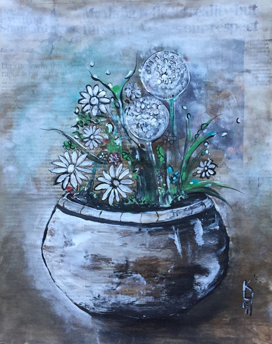 Pot Flowers II Acrylic on Newspaper Nature Art Flower Painting of Colour Floral Art 37x29cm Gift Ideas Original Art Modern Art Contemporary Painting Abstract Art For Sale Buy Original Art Free Shipping