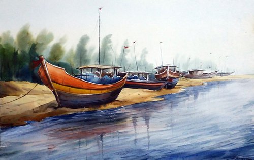 Fishing Boats  - Watercolor Painting by Samiran Sarkar