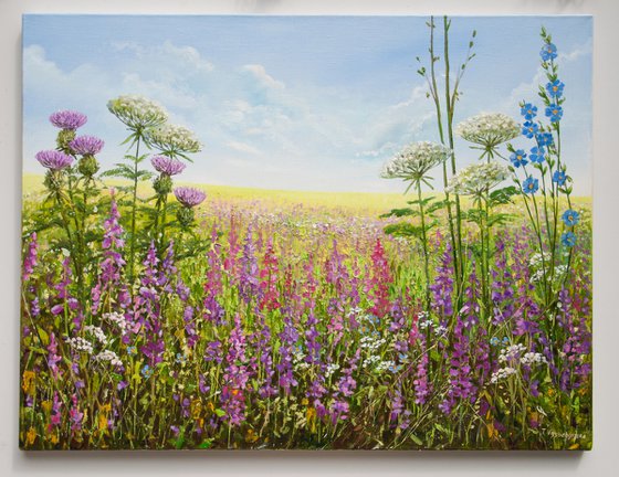 Meadow flowers. Oil painting. Field of flowers. Flower landscape. 33 x 26in.