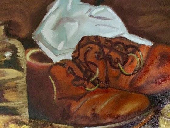 OLD GRANDFATHER BOOTS. Still life on linen canvas.