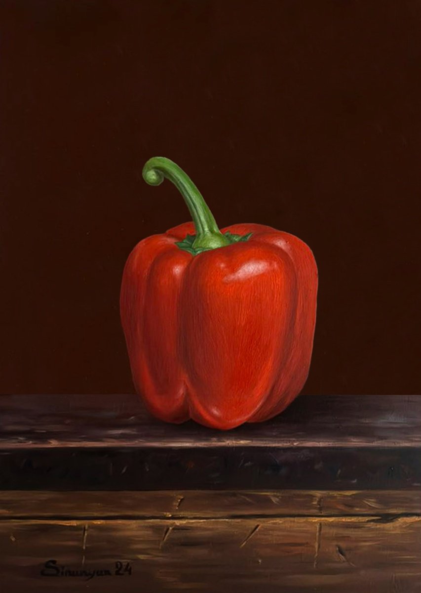 Photorealistic Still Life Oil Painting By Gevorg Sinanian, 9 X 12, Red Bulgarian Pepper, Original Artwork