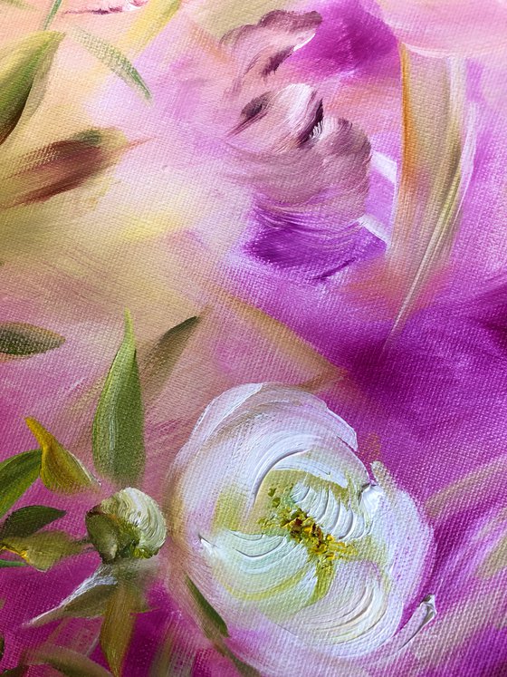 FLOWER TREASURE - Peonies. Pink flowers. Round picture. Floral decor. White peonies. A blooming garden. An unusual picture. Gorgeous flowers. Petals. Fuchsia. Softness.