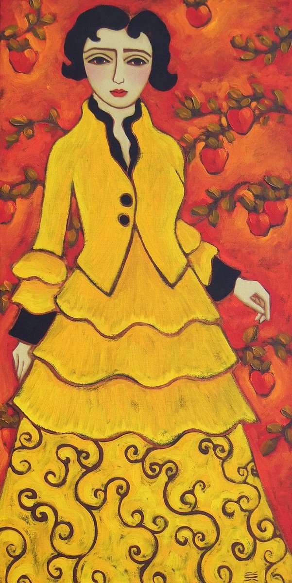 Impressionistic Portrait Oil Painting By Karen Rieger, 12 X 24", Apple Boughs & Yellow Dress (Eve), Original Artwork
