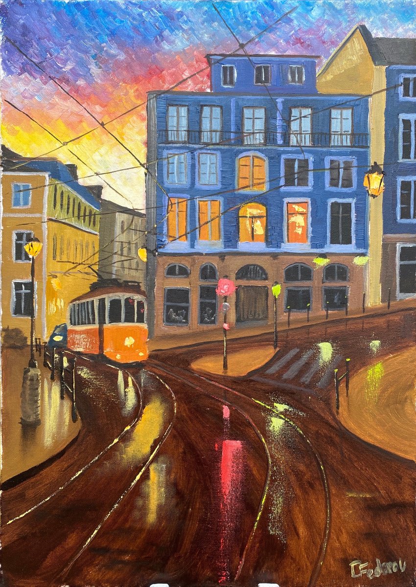 Impressionistic Cityscapes Oil Painting By Dmitry Fedorov, 20 X 28, Sunset In Lisbon, Original Artwork