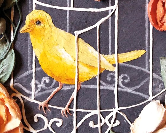 Canary bird in an open cage, wrapped in roses - on the threshold of freedom, 26x34x5 cm