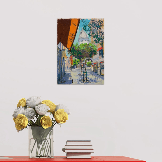 Madrid street view. Oil pastel painting. Small impressionistic colorful sunny home interior decor spain urban