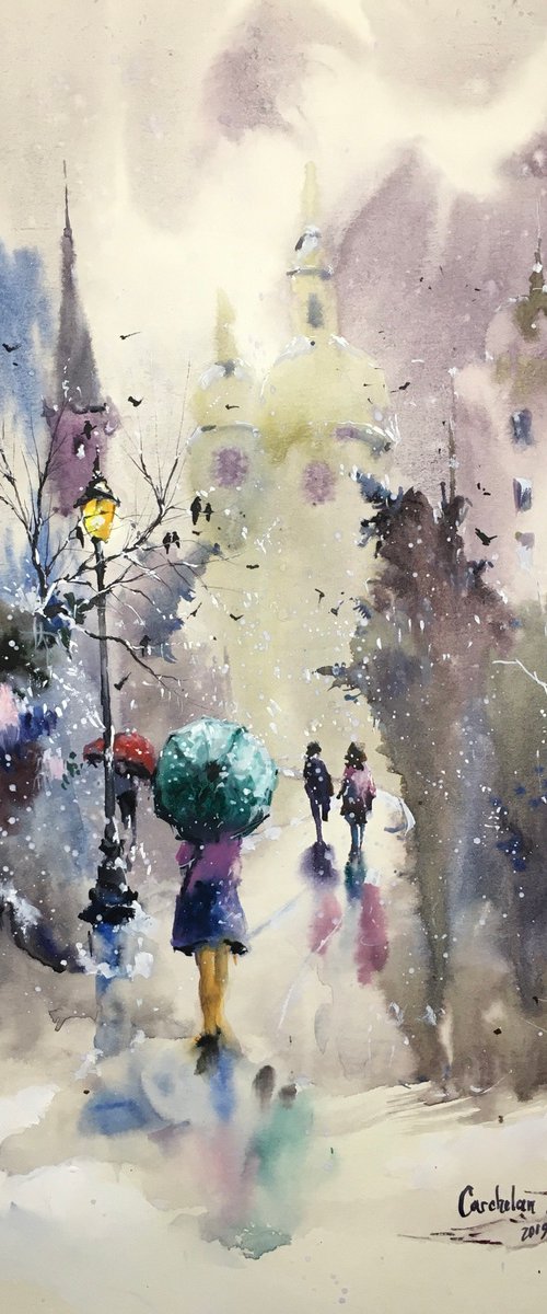 Sold Watercolor “On the way to the church” perfect gift by Iulia Carchelan