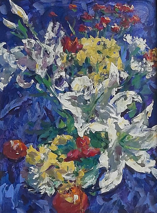 flowers and fruits on blue by Dimitris Voyiazoglou