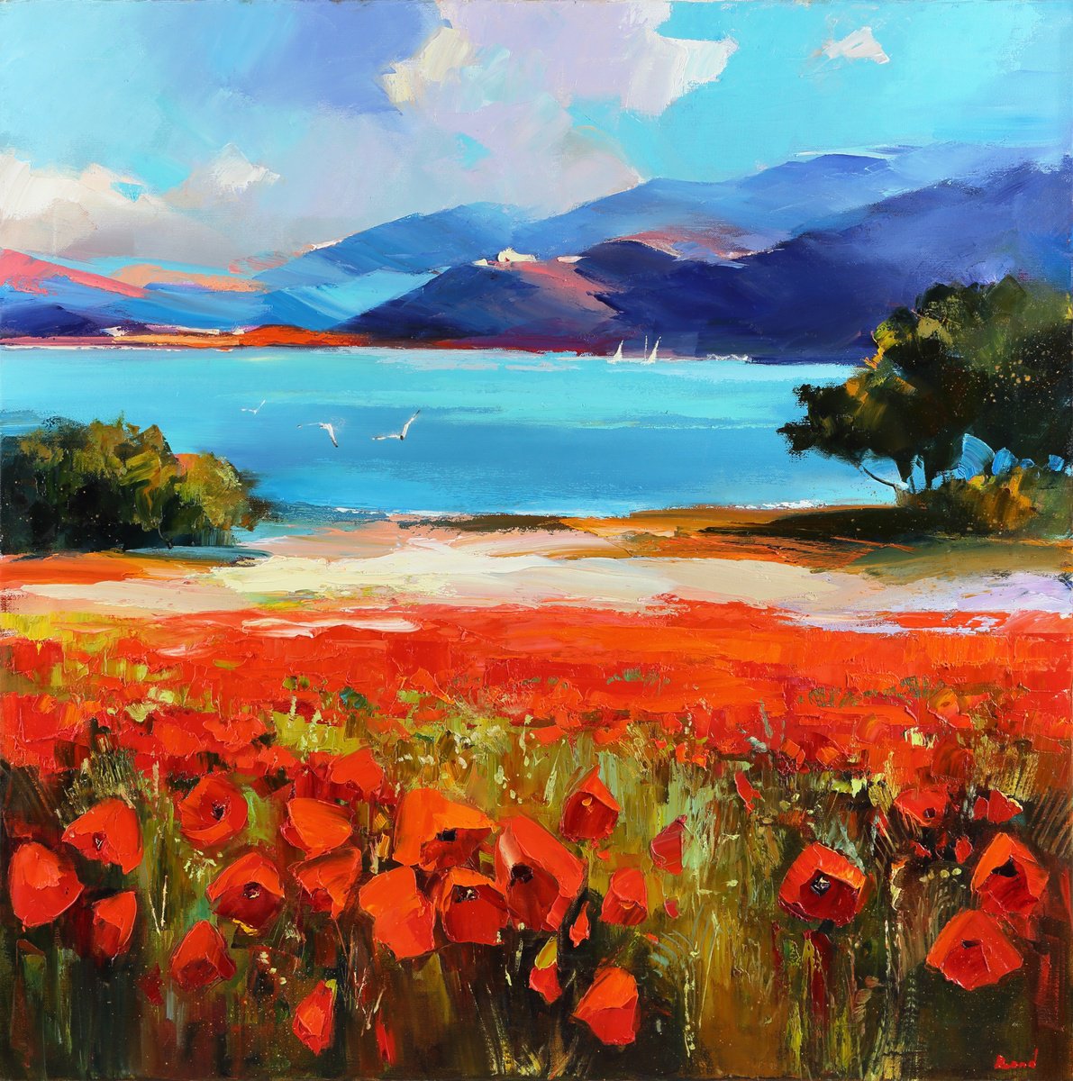Impressionistic Landscape Oil Painting By Tetiana Bond, 31 X 31", Wind Through Red Poppies, Original Artwork