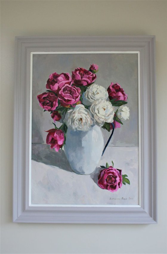 Peonies in enamel jug