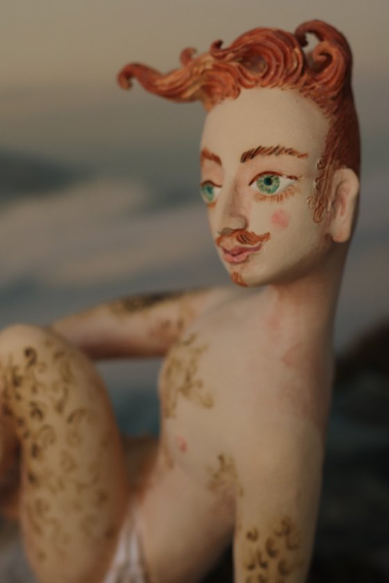 Charming Gentlemen with red mustache. Ceramic sculpture