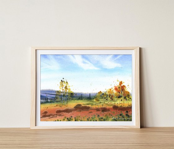 Autumn landscape painting original watercolor on paper forest and trees , country artwork gift idea
