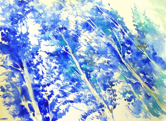 Blue Abstract Trees, Poplars