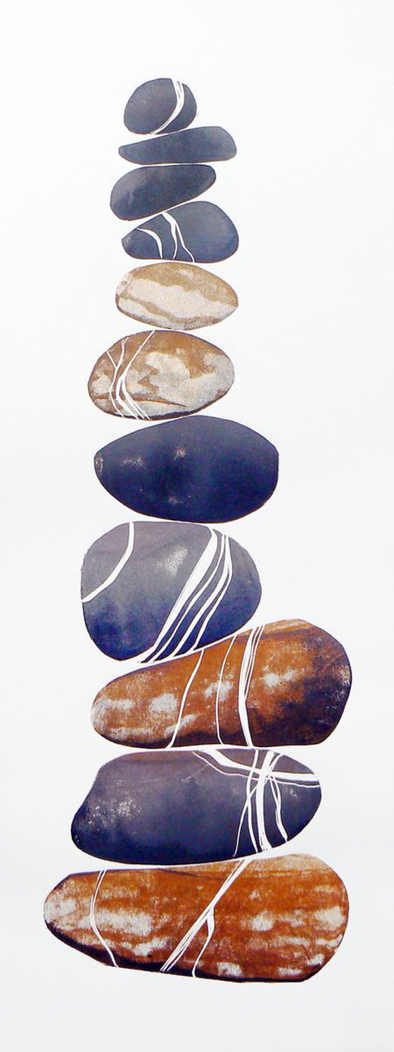 Zen stones - Eleven stones #1 (banded balancing stones lino/monoprint)