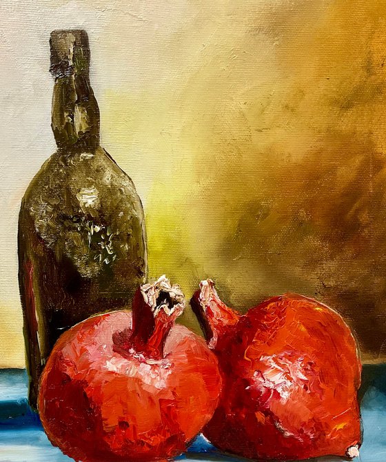 Pomegranates and oil bottle, rustic  style still life. Palette knife painting on linen canvas