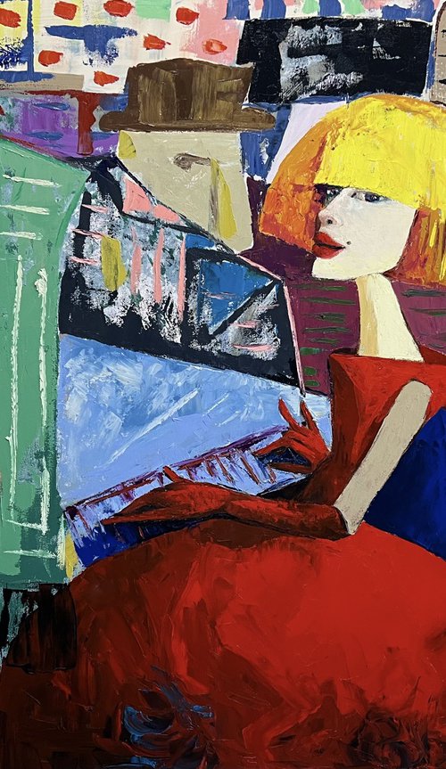 Lady in red playing the piano by Ta Byrne