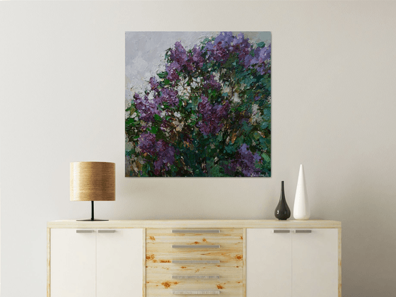 Blooming purple lilacs Original oil painting 90 x 90 cm