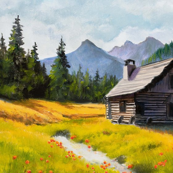 Mountain cabin scene with poppies