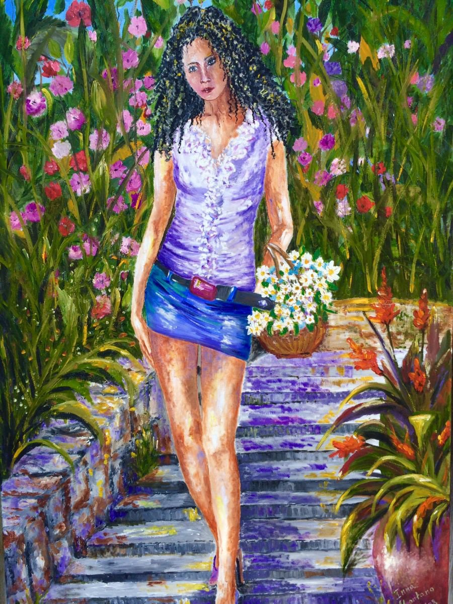 Impressionistic Portrait Oil Painting By Inna Montano, 24 X 36, Girl In The Garden, Original Artwork