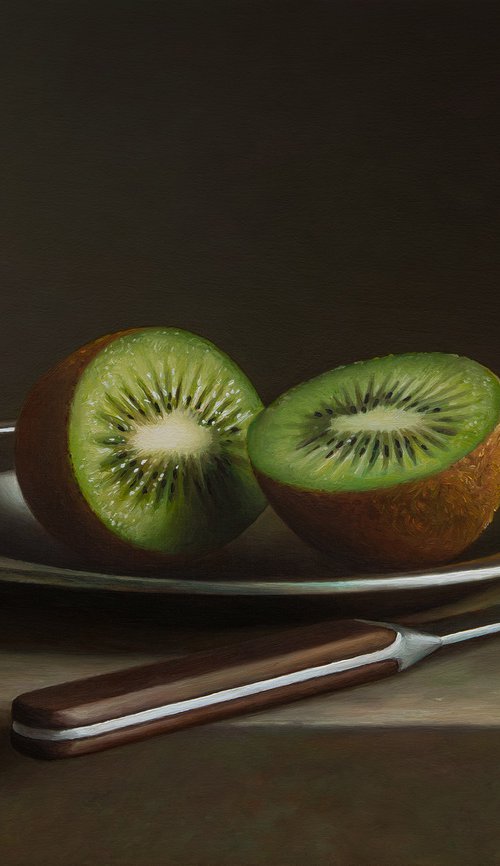 Kiwifruit with a knife by Albert Kechyan