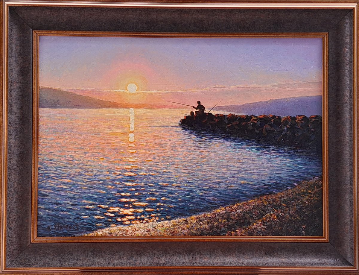 Impressionistic Landscape Oil Painting By Valentinas Yla, 29 X 22", Sunset In The Adriatic, Original Artwork