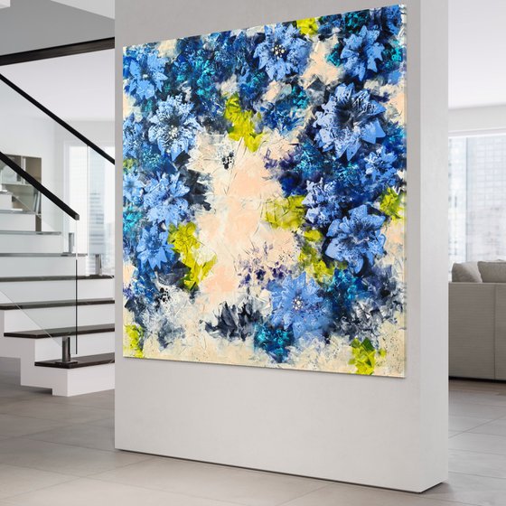 "Ultramarine Floral Harmony", XXL abstract flower painting
