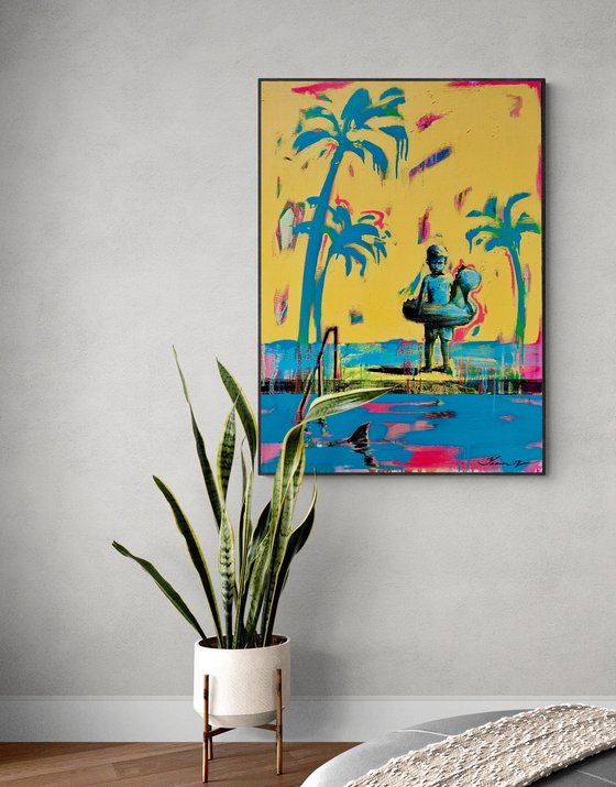 Bright summer painting - "Small swimmer and shark" - Pop Art - Pool - Palms - Landscape - California - Nature - Yellow&Blue