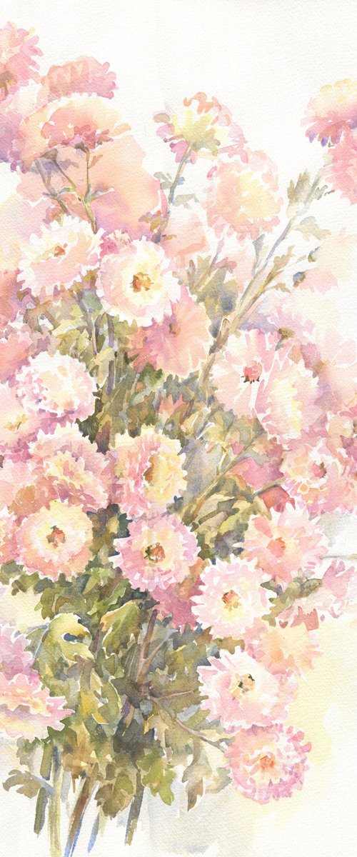 Pink small chrysanthemums / ORIGINAL watercolor 15x22 (38x56cm) by Olha Malko