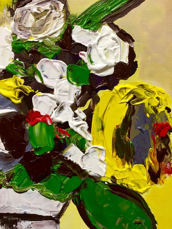 Abstract bouquet flowers, expressive still life on red tablecloth on light yellow #12