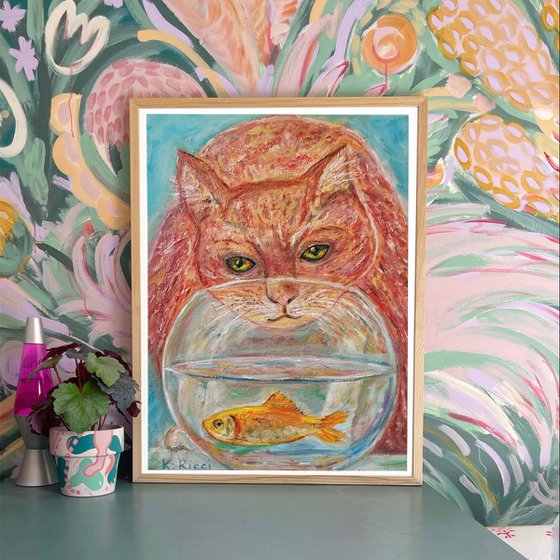 Ginger Cat Portrait with Red Fish in Acquarium