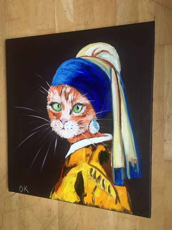 Cat with the pearl earring inspired by Vermeer painting feline art for cat lovers gift idea