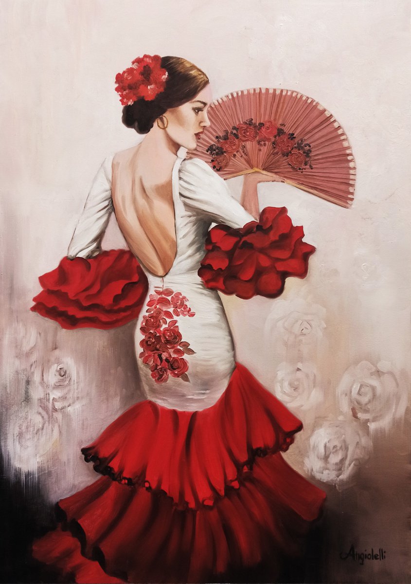 Photorealistic Portrait Oil Painting By Anna Rita Angiolelli, 20 X 28, Flamenco, Original Artwork