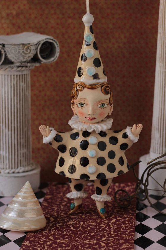 Cute Pierrot. Ceramic hanging sculpture