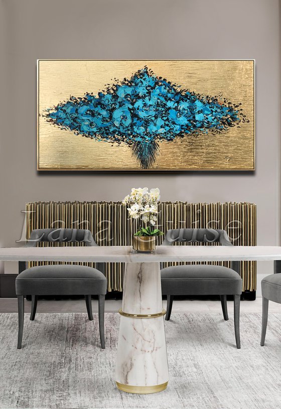 Bouquet - Original Abstract Teal Blue Gold Large Painting, Living Room Art, Minimalist Art, Wall Art Decor