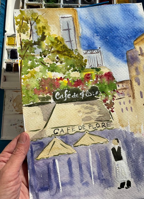 Paris Painting Cafe de Flore Original Art Cityscape Watercolor Europe Artwork Travelling Wall Art 9 by 12,5" by Halyna Kirichenko