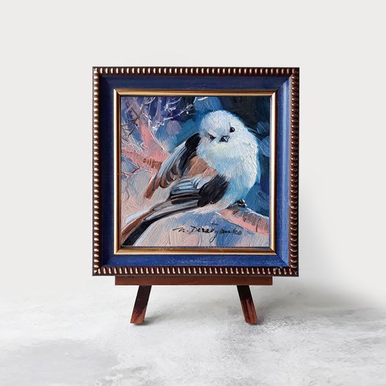 Original Bird painting 4x4, White little bird art picture in blue frame