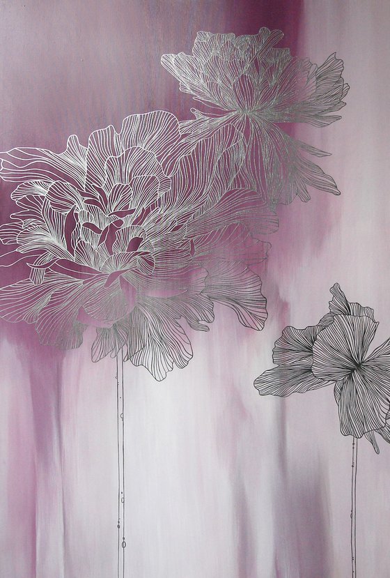 "Pink Thinness 2" Silver flowers abstract art