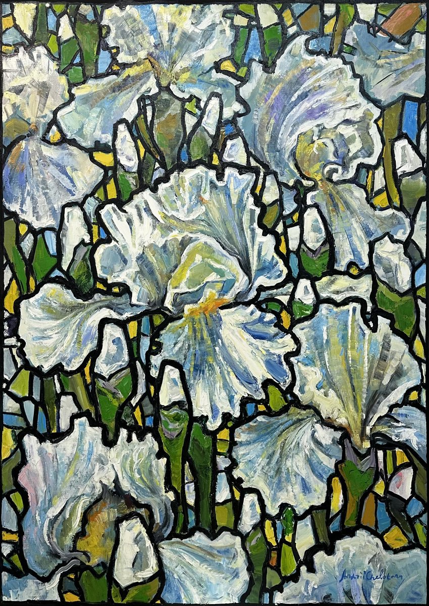 Impressionistic Botanical Oil Painting By Andrii Chebotaru, 45 X 63, Irises, Original Artwork