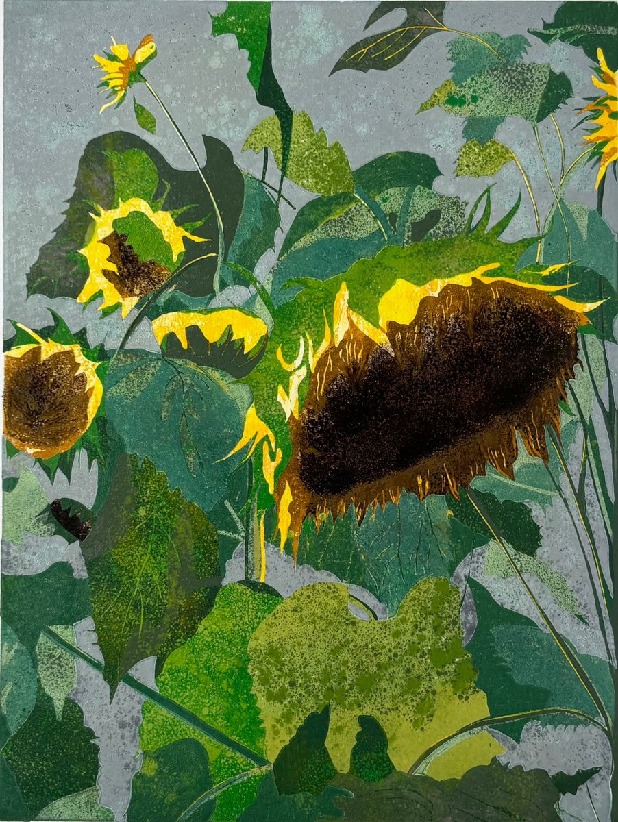 Organic Linocut , Sunflowers In Abstract Linocut Print By C Staunton, 9 X 11, Artwork For Sale On Artfinder