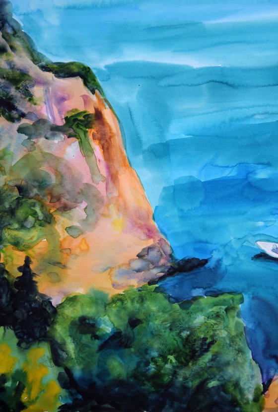 Greece seascape big original watercolor painting, coastal home decor