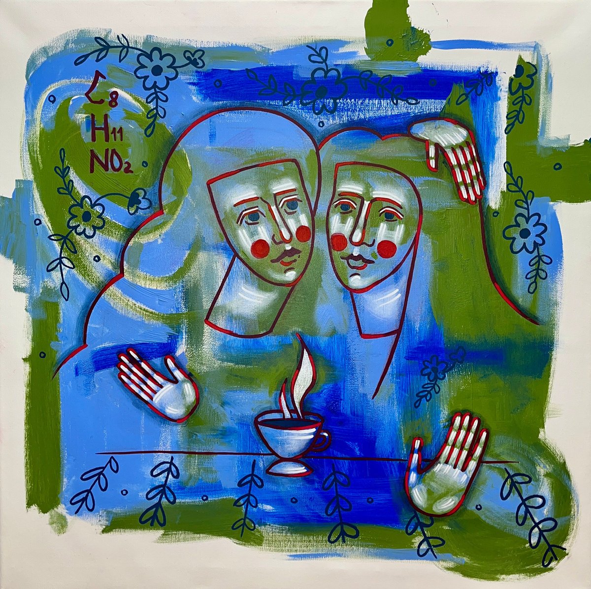 Naive Portrait Acrylic Painting By Yuliia Chaika, 24 X 24", Girls Time With Coffee, Original Artwork
