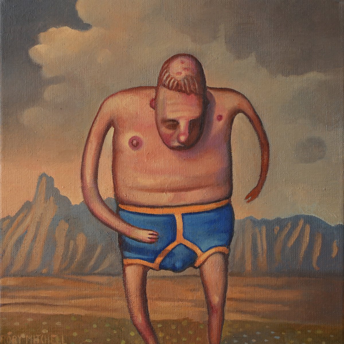 Naive Portrait Oil Painting By Rory Mitchell, 12 X 12", Dream Mind In Underpants, Original Artwork