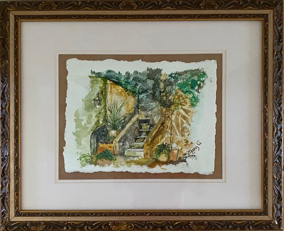 Grandma's Porch Original Watercolor mounted on Handmade Paper Gold Frame