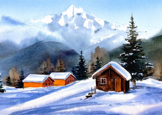 Alpine Radiance oroginal watercolor artwork, snow painting witt mountains and chaletб gift idea