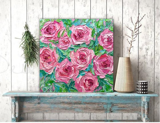 Pink Roses - Heavy Impasto Floral Painting, Palette Knife Art