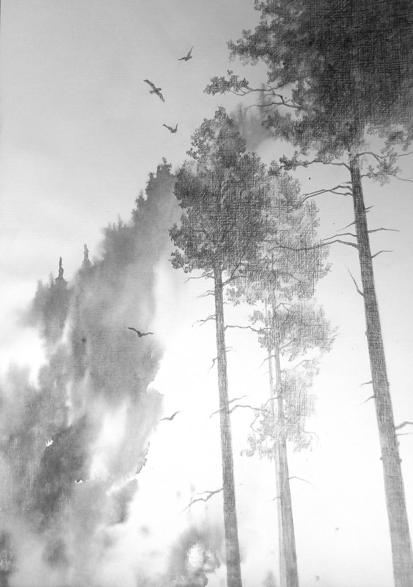 Impressionistic Landscape Pencil Drawing By Oksana Duchenchuk, 12 X 16", Lightness, Original Artwork