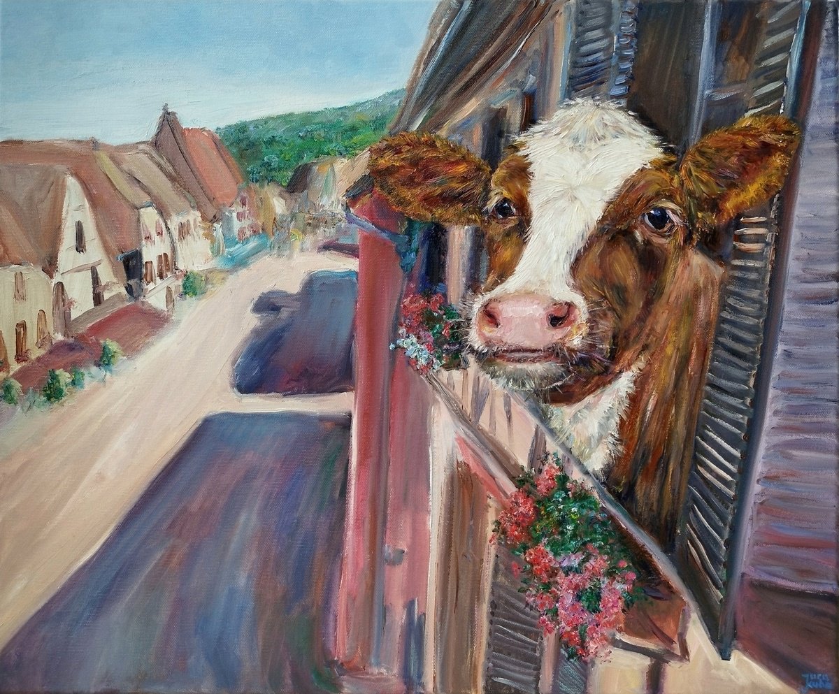 Photorealistic Animal Oil Painting By Jura Kuba Art, 28 X 24", Cow Of Alsace, Original Artwork