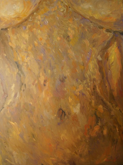 IN THE RAYS OF THE MORNING SUN. TORSO - nude art, original oil painting, large size, brown colored, bed room decor - Love by Karakhan